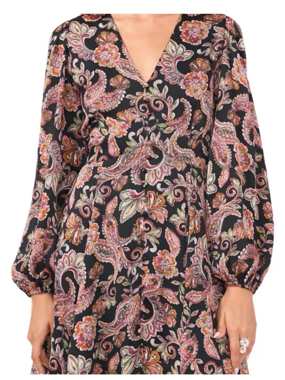 1. State Black Paisley-Print Long Sleeve V-Neck Dress sz 14